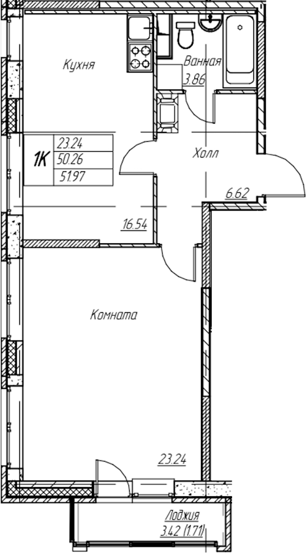 1-комнатная квартира 51.97 м², 5/22 эт., ЖК «Парк-квартал Юнтолово»